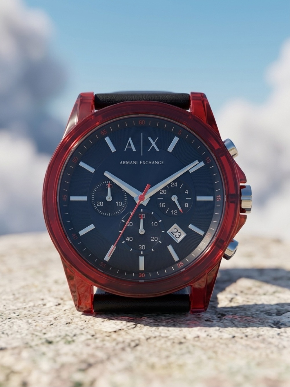 Armani Exchange Black Dial Chronograph Watch with Red Transparent Case - Picture 14 of 15